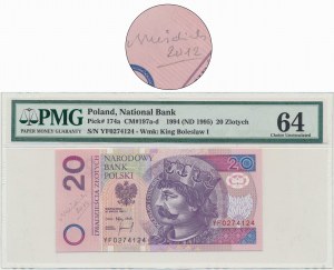 20 złotych 1994 - YF - PMG 64 - seria zastępcza z autografem A. Heidricha