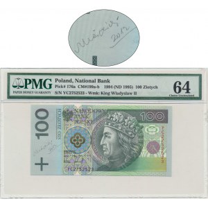 100 złotych 1994 - YC - PMG 64 - seria zastępcza z autografem A. Heidricha