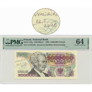 2 miliony złotych 1992 - A - Konstytucyjy - PMG 64 - z autografem A.Heidricha