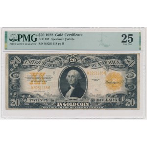 USA, zlatý certifikát, 20 dolarů 1922 - Speelman &amp; White - PMG 25