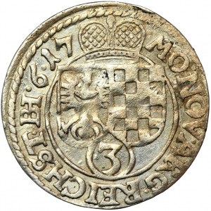 Sliezsko, vojvodstvo Legnicko-Brzesko-Wołowskie, Jan Chrystian a Jerzy Rudolf, 3 Krajcary Złoty Stok 1617 BH