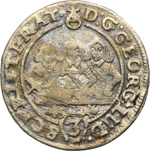 Slezsko, knížectví Legnicko-Brzesko-Wołowskie, Jerzy III Brzeski, Ludwik IV Legnicki a Chrystian Wołowski, 3 Krajcary Brzeg 1658 EW - RARE