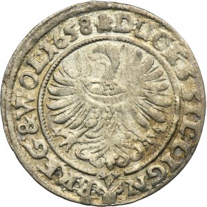 Slezsko, knížectví Legnicko-Brzesko-Wołowskie, Jerzy III Brzeski, Ludwik IV Legnicki a Chrystian Wołowski, 3 Krajcary Brzeg 1658 EW - RARE