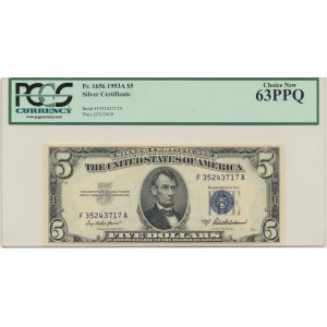 USA, Stříbrný certifikát, $5 1953 - Priest &amp; Anderson - PCGS 63PPQ