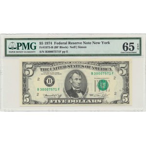 USA, New York, 5 USD 1974 - B - Neff &amp; Simmon - PMG 65 EPQ