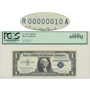 USA, Silver Certificate, 1 Dollar 1957 B - Granahan & Dillon - PCGS 65 PPQ - low serial numer