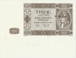 Krakowiak, 1.000 złotych 1941 - MCSM 737 - z fragmentem arkusza i błędnie naniesionym numerem