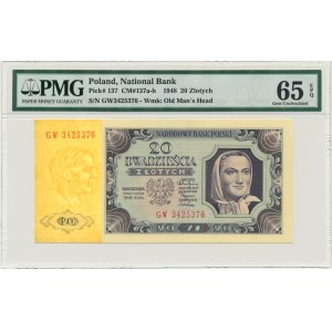 20 zlatých 1948 - GW - PMG 65 EPQ - pruhovaný papier