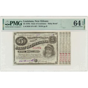 USA, Louisiana, New Orleans, 5 USD 1874 - číslovka červená - PMG 64 EPQ