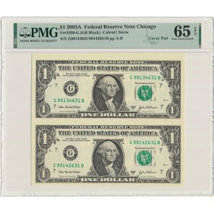 USA, Green Seal, Chicago, 1 dolar 2003 - Cabral &amp; Snow - PMG 65 EPQ - nerozřezaný pár