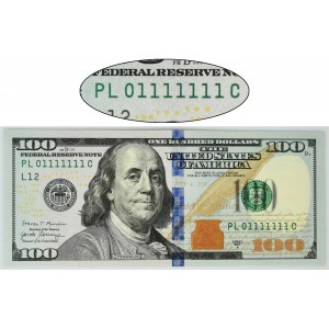 USA, Green Seal, 100 Dollars 2017 - PL 01111111 - Mnuchin & Carranza - attractive serial number