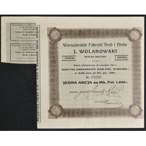 Warszawskie Fabryki Śrub i Drutu J. Wolanowski S.A., 1,000 mkp, Issue 1