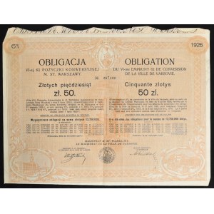 Warsaw, 6th 6% conversion loan of the city of Warsaw 1926, bond of 50 zlotys