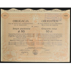 Warsaw, 6th 6% conversion loan of the city of Warsaw 1926, bond of 50 zlotys