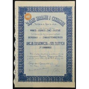 Śląskie Kopalnie i Cynkownie S.A., 100 zł 1924, blankiet Wolne od opłaty stemplowej...
