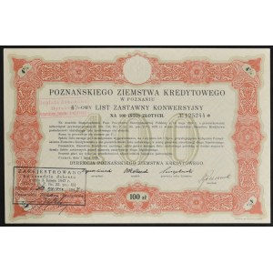 Poznaňská spořitelna, 4% konverzní hypoteční zástavní list, 100 zlotých, 1925