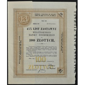 Vilniuská pozemková banka, 4,5% hypotekárny záložný list, 100 zlotých 1926, séria I