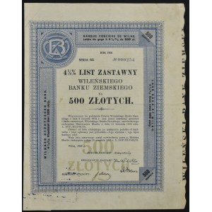 Vilniuská pozemková banka, 4,5% hypotekárny záložný list, 500 zlotých 1926, séria I