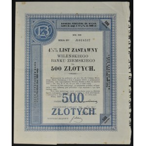 Vilnius Land Bank, 4,5% hypotekárny záložný list, 500 zlotých 1929, séria II