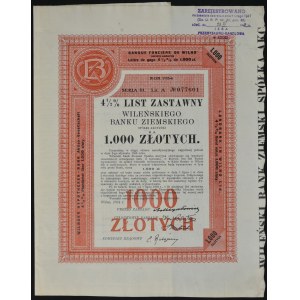 Vilnius Land Bank, 4,5% hypotekárny záložný list, 1 000 zlotých 1934, séria III