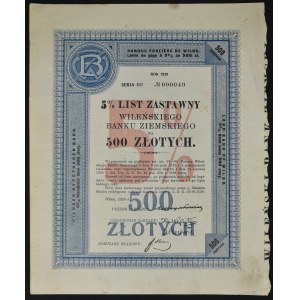 Wileński Bank Ziemski, 5% list zastawny, 500 zł 1929, seria I