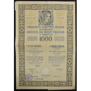 Towarzystwo Kredytowe Ziemskie in Warsaw, 6% mortgage bond 1929, 1,000 French francs