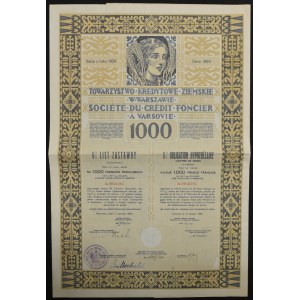 Towarzystwo Kredytowe Ziemskie w Warszawie, 6% hypotekárny záložný list 1929, 1 000 francúzskych frankov
