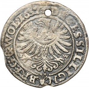 Sliezsko, vojvodstvo Legnicko-Brzesko-Wołowskie, Jerzy III Brzeski, Ludwik IV Legnicki a Chrystian Wołowski, 3 Krajcary Brzeg 1657 EW