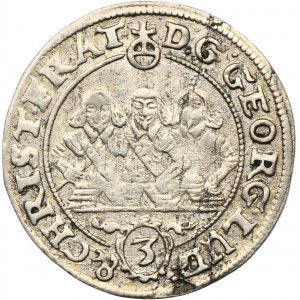 Slezsko, knížectví Legnicko-Brzesko-Wołowskie, Jerzy III Brzeski, Ludwik IV Legnicki a Chrystian Wołowski, 3 Krajcary Brzeg 1657 EW