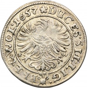 Sliezsko, vojvodstvo Legnicko-Brzesko-Wołowskie, Jerzy III Brzeski, Ludwik IV Legnicki a Chrystian Wołowski, 3 Krajcary Brzeg 1657 EW