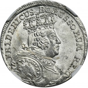 Slezsko, pruská vláda, Fridrich II. šestý Vratislavský 1756 B - NGC MS64 - velká koruna, rovné vlasy na brnění