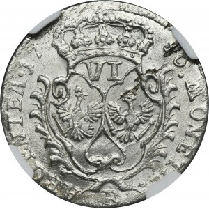 Slezsko, pruská vláda, Fridrich II. šestý Vratislavský 1756 B - NGC MS64 - velká koruna, rovné vlasy na brnění