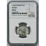 Silesia, Prussia rule, Friedrich II, 6 Groschen Breslau 1756 B - NGC MS64 - large crown, straight hair on the armor