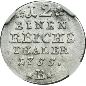 Silesia, Prussian rule, Friedrich II, 1/12 Thaler Breslau 1755 B - NGC AU58 - VERY RARE