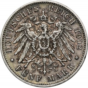 Německo, Württemberg, Wilhelm II, 5 Mark Stuttgart 1902 F