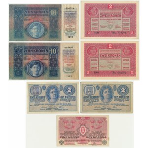 Československo a Rakousko, sada 1-2 korun, 10 haléřů 1914-19 (7 kusů).