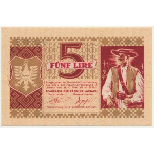 Yugoslavia, Slovenia, German Occupation WWII - Laibach, 5 Lire 1944