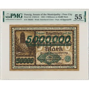 Gdaňsk, 5 milionů marek 1923 - zelený přetisk - PMG 55 EPQ