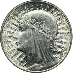 Hlava ženy, 10 zlotých Varšava 1933 - PCGS MS62 - KRÁSNÁ