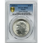 Hlava ženy, 10 zlotých Varšava 1933 - PCGS MS62 - KRÁSNÁ