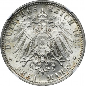 Německo, Bavorsko, regent Luitpold, 3 marky Mnichov 1911 D - NGC MS66 - KRÁSNÁ