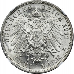 Německo, Württemberg, Wilhelm II, 3 marky Stuttgart 1911 F - NGC MS64