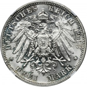 Německo, Sasko, Fridrich August III, 3 marky Muldenhütten 1913 E - NGC MS66