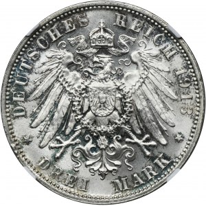 Germany, Saxony, Friedrich August III, 3 Mark Muldenhütten 1913 E - NGC MS66
