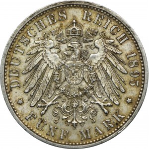 Nemecko, Württemberg, Wilhelm II, 5 Mark Stuttgart 1895 F