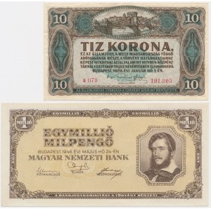 Maďarsko, sada 10 korún 1920, 1 milión pengo 1946 (2 kusy).