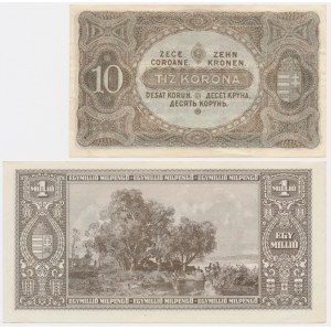 Maďarsko, sada 10 korún 1920, 1 milión pengo 1946 (2 kusy).