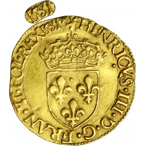 Henry III of France, Ecu d'or au soleil Tours 1581 E - VERY RARE, date above the crown