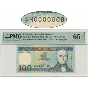 Lithuania, 100 Litu 1991 - AH 0000008 - PMG 65 EPQ - low serial number