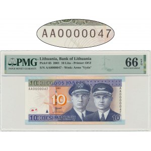 Litva, 10 litas 2001 - AA 0000047 - PMG 66 EPQ - nízke číslo